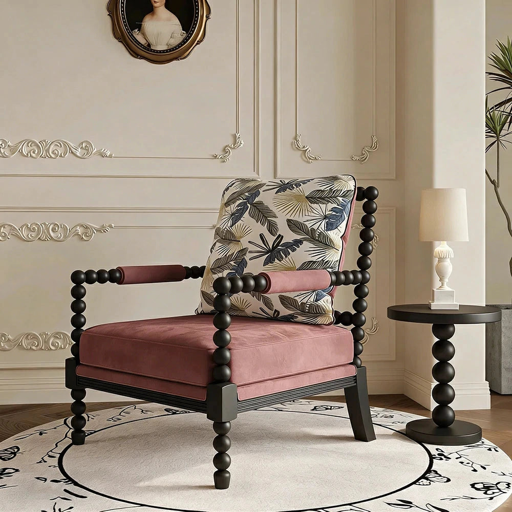 LIVARA Sofa Chair - Embroidered Falling Leaf Pattern, Solid Wood Frame, Comfortable Accent Seating for Living Room or Bedroom - Pink