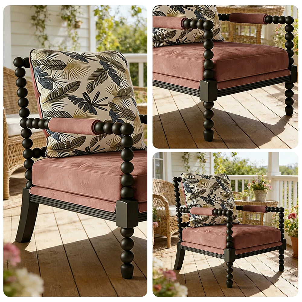LIVARA Sofa Chair - Embroidered Falling Leaf Pattern, Solid Wood Frame, Comfortable Accent Seating for Living Room or Bedroom - Pink