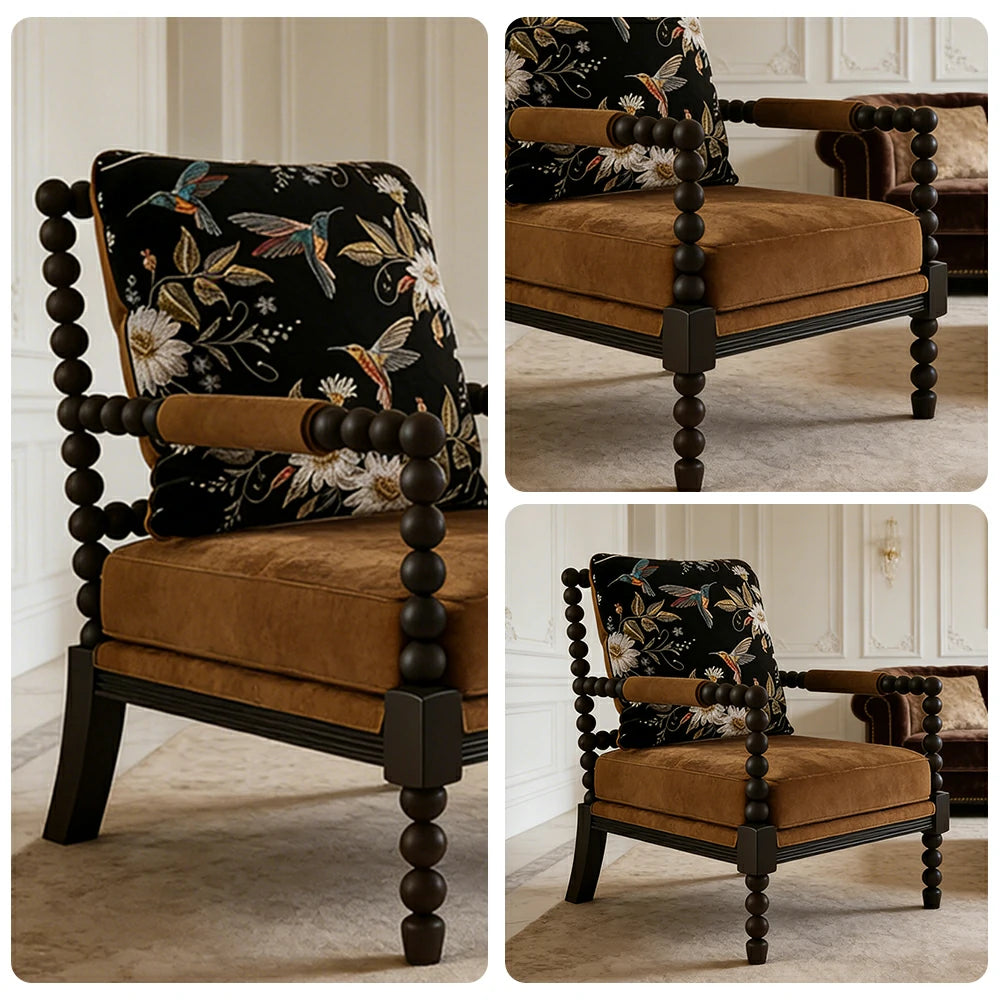 LIVARA Sofa Chair - Black Flying Bird Pattern, Solid Wood Frame, Comfortable Accent Seating for Living Room or Bedroom - Brown