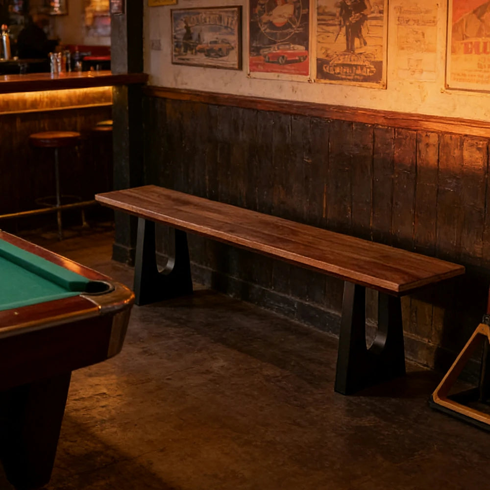 LIVARA 120/140cm Solid Wood Bench Seating - Heavy-Duty Steel Legs with 5cm Thick Top, Industrial Dining & Pool Table Bench for Home & Game Rooms - Dark Walnut