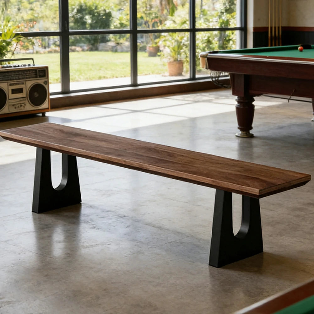 LIVARA 120/140cm Solid Wood Bench Seating - Heavy-Duty Steel Legs with 5cm Thick Top, Industrial Dining & Pool Table Bench for Home & Game Rooms - Dark Walnut