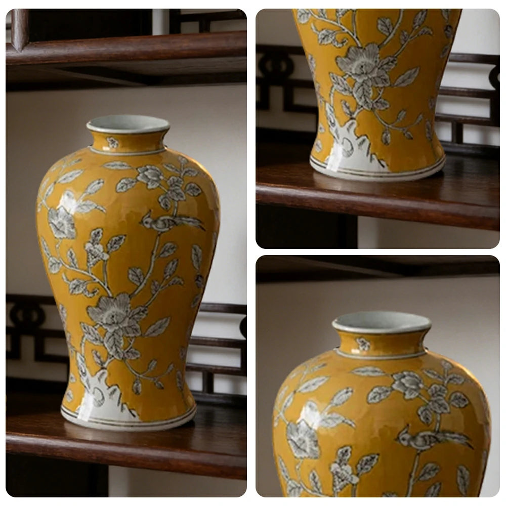 LIVARA Ceramic Vase Decor Display Matte Ceramic Royal Floral & Bird Handcrafted Artistic Design