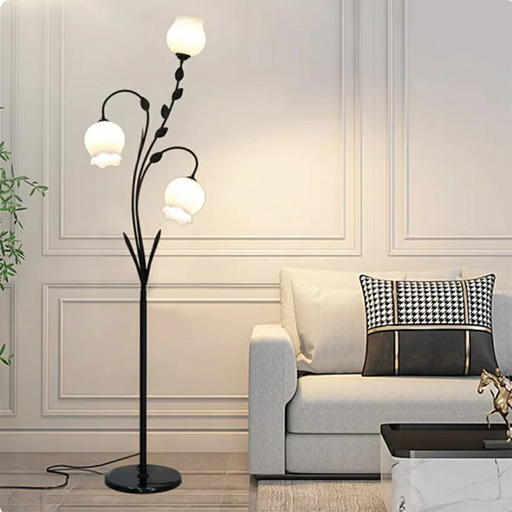 LIVARA Floor Lamp 9/12W Soft Ambient Lighting Glass Shade Triple-Flower Design Stable Marble Base - Black