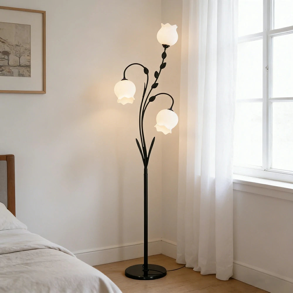 LIVARA Floor Lamp 9/12W Soft Ambient Lighting Glass Shade Triple-Flower Design Stable Marble Base - Black