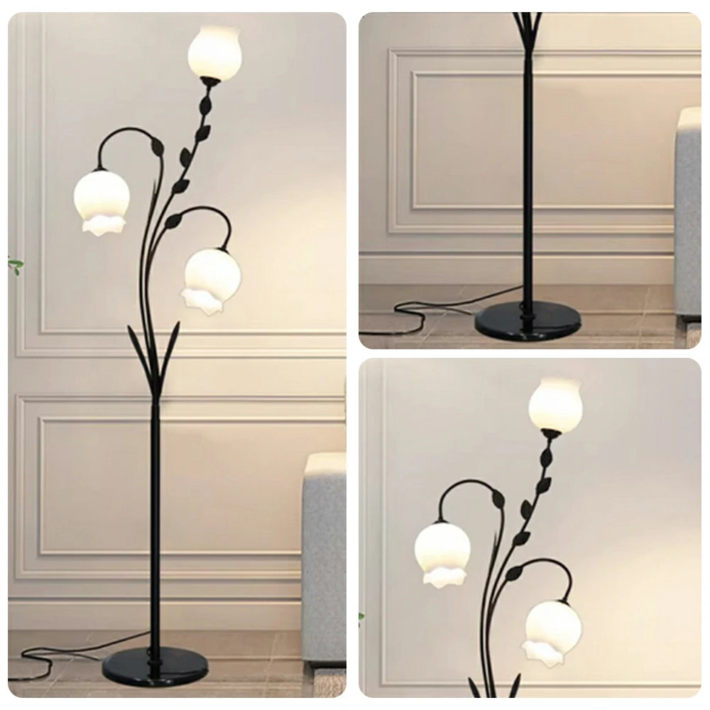 LIVARA Floor Lamp 9/12W Soft Ambient Lighting Glass Shade Triple-Flower Design Stable Marble Base - Black