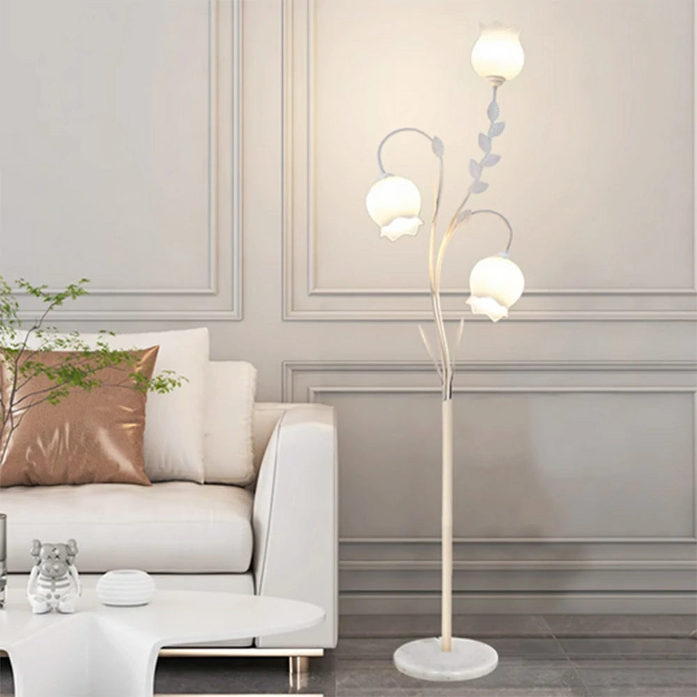 LIVARA Floor Lamp 9/12W Soft Ambient Lighting Glass Shade Triple-Flower Design Stable Marble Base - White