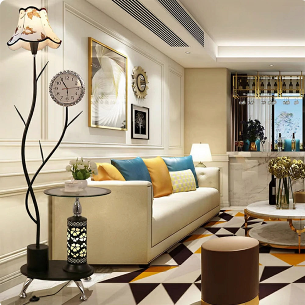 LIVARA 9/12W Floor Lamp Side Table Clock Soft Ambient Lighting Fabric Shade Stable Glass Top Design - Black