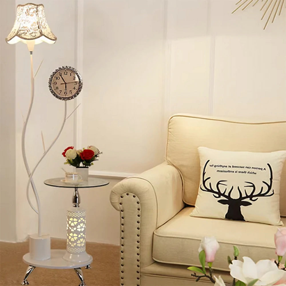 LIVARA 9/12W Floor Lamp Side Table Clock Soft Ambient Lighting Fabric Shade Stable Glass Top Design - White
