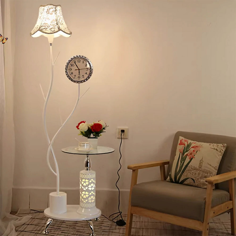 LIVARA 9/12W Floor Lamp Side Table Clock Soft Ambient Lighting Fabric Shade Stable Glass Top Design - White