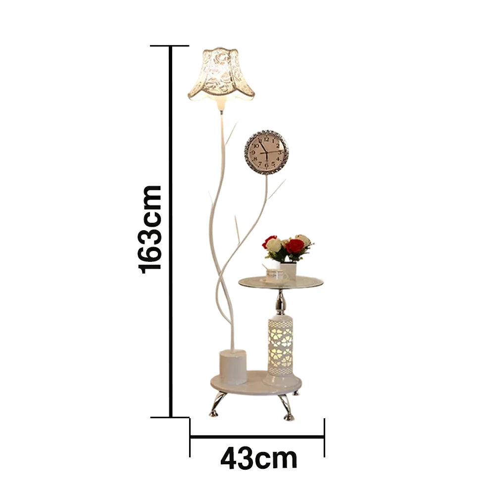 LIVARA 9/12W Floor Lamp Side Table Clock Soft Ambient Lighting Fabric Shade Stable Glass Top Design - White