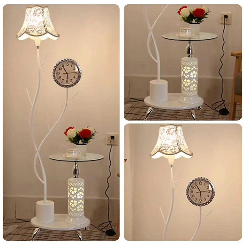 LIVARA 9/12W Floor Lamp Side Table Clock Soft Ambient Lighting Fabric Shade Stable Glass Top Design - White