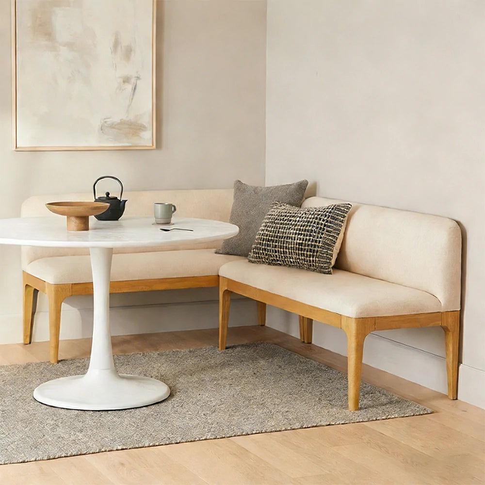 LIVARA Solid Wood Upholstered Bench - 120/140cm Entryway & Dining Bench with Padded Seat, High-Density Foam & Sturdy Legs - Cream