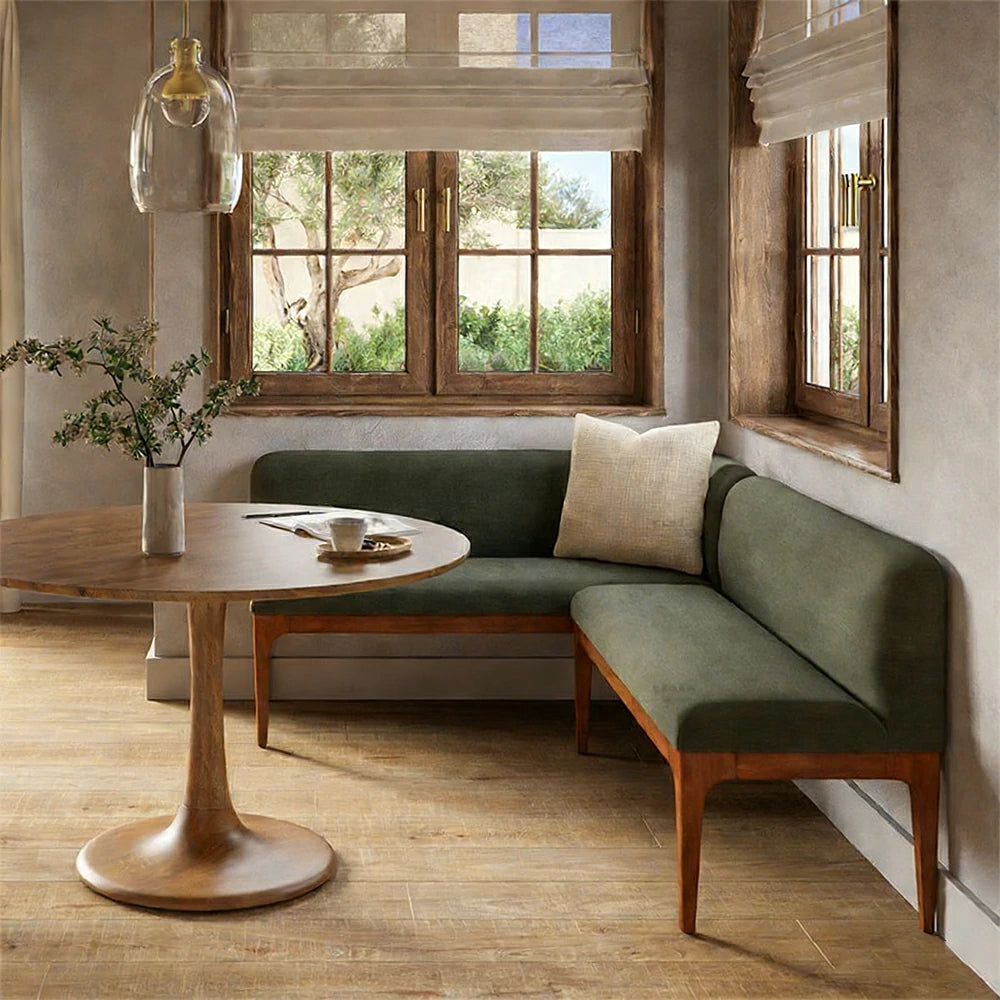 LIVARA Solid Wood Upholstered Bench - 120/140cm Entryway & Dining Bench with Padded Seat, High-Density Foam & Sturdy Legs - Green