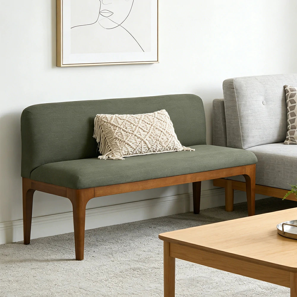 LIVARA Solid Wood Upholstered Bench - 120/140cm Entryway & Dining Bench with Padded Seat, High-Density Foam & Sturdy Legs - Green