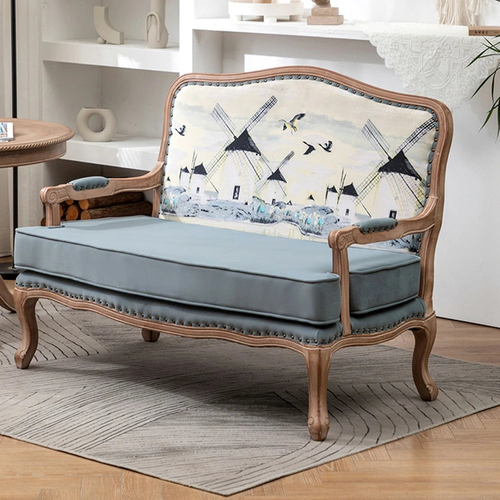 LIVARA 2-Seater Vintage Fabric Sofa Chair - 3D Pattern Backrest, Soft Blue Cushions, Solid Wood Carved Frame, Elegant Living Room Double Sofa - Blue