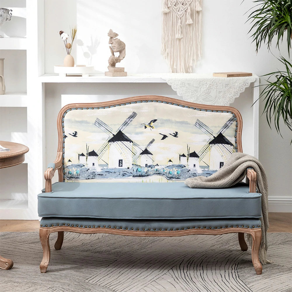 LIVARA 2-Seater Vintage Fabric Sofa Chair - 3D Pattern Backrest, Soft Blue Cushions, Solid Wood Carved Frame, Elegant Living Room Double Sofa - Blue