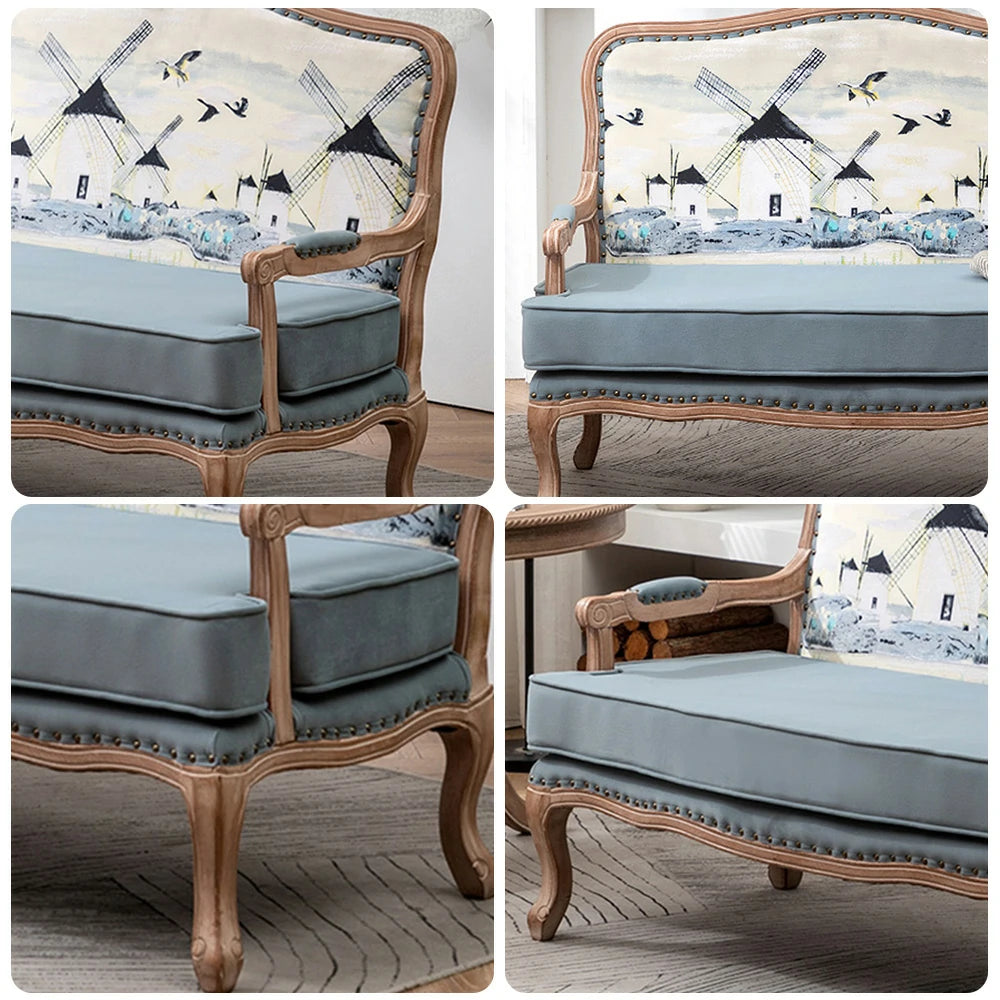 LIVARA 2-Seater Vintage Fabric Sofa Chair - 3D Pattern Backrest, Soft Blue Cushions, Solid Wood Carved Frame, Elegant Living Room Double Sofa - Blue