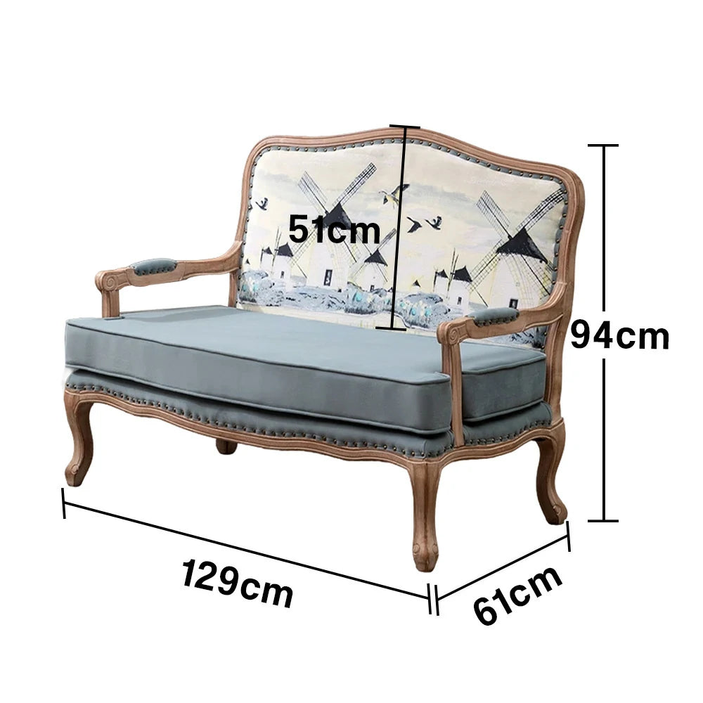 LIVARA 2-Seater Vintage Fabric Sofa Chair - 3D Pattern Backrest, Soft Blue Cushions, Solid Wood Carved Frame, Elegant Living Room Double Sofa - Blue
