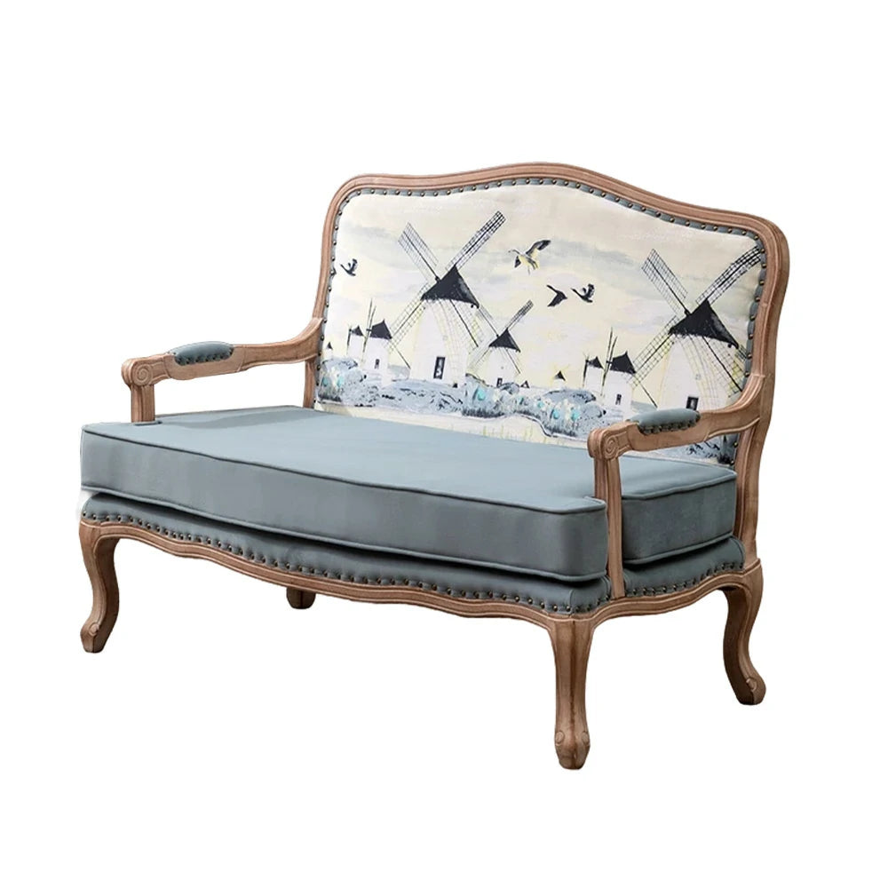 LIVARA 2-Seater Vintage Fabric Sofa Chair - 3D Pattern Backrest, Soft Blue Cushions, Solid Wood Carved Frame, Elegant Living Room Double Sofa - Blue