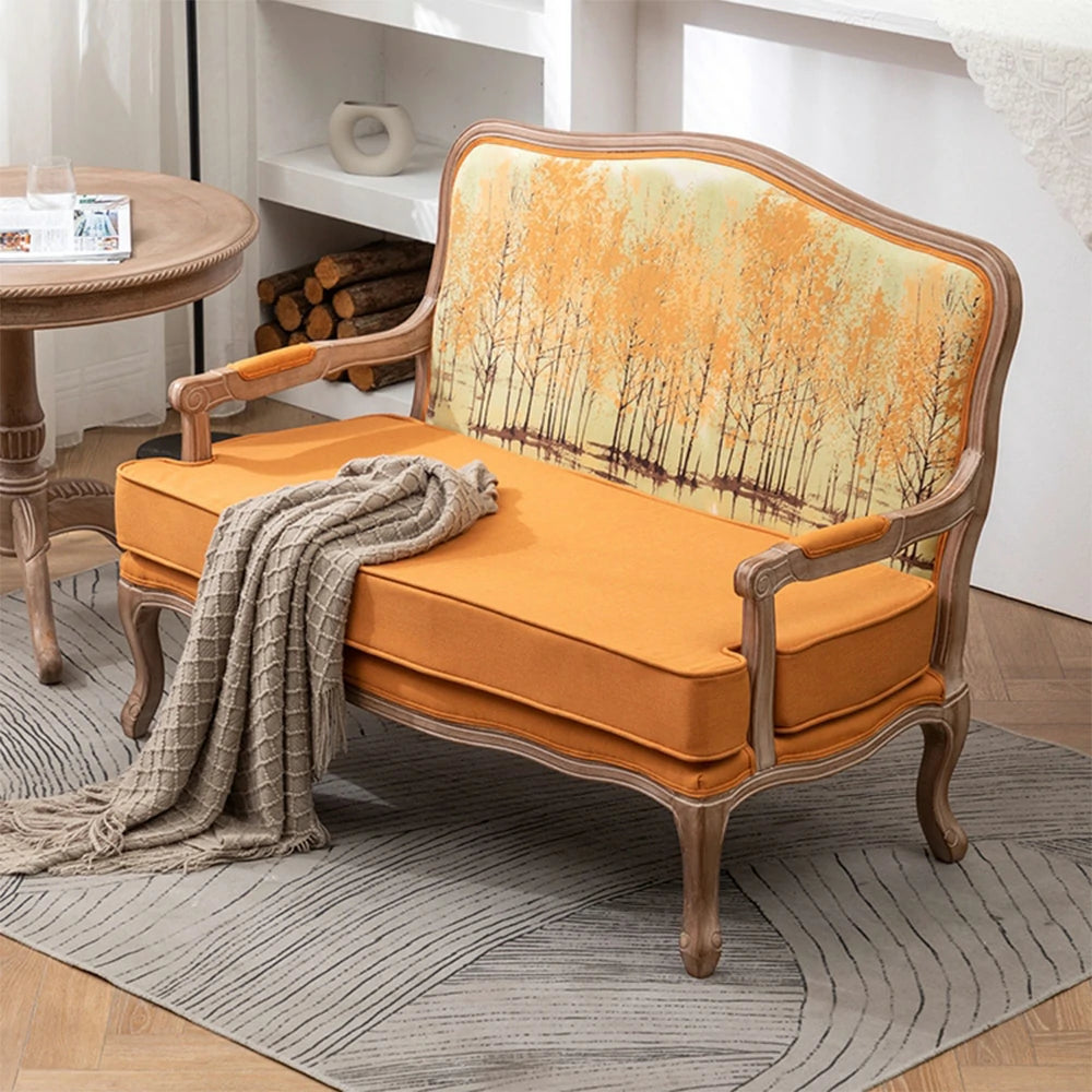 LIVARA 2-Seater Vintage Fabric Sofa Chair - 3D Pattern Backrest, Soft Yellow Cushions, Solid Wood Carved Frame, Elegant Living Room Double Sofa - Yellow