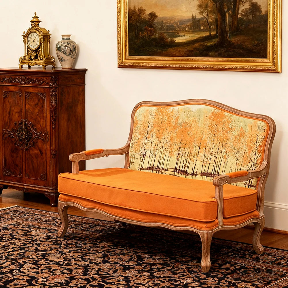 LIVARA 2-Seater Vintage Fabric Sofa Chair - 3D Pattern Backrest, Soft Yellow Cushions, Solid Wood Carved Frame, Elegant Living Room Double Sofa - Yellow