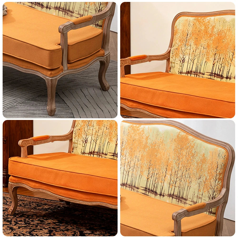 LIVARA 2-Seater Vintage Fabric Sofa Chair - 3D Pattern Backrest, Soft Yellow Cushions, Solid Wood Carved Frame, Elegant Living Room Double Sofa - Yellow