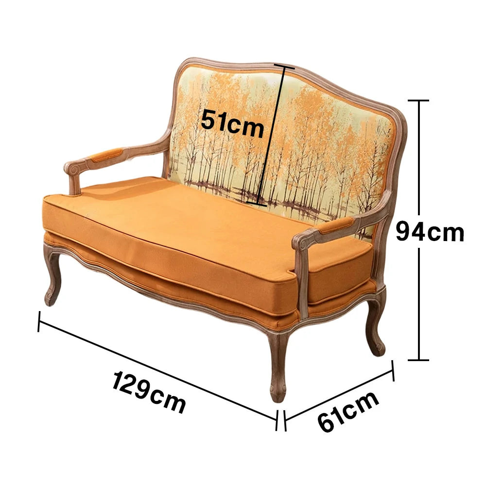 LIVARA 2-Seater Vintage Fabric Sofa Chair - 3D Pattern Backrest, Soft Yellow Cushions, Solid Wood Carved Frame, Elegant Living Room Double Sofa - Yellow