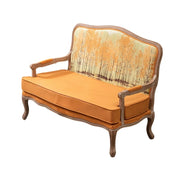 LIVARA 2-Seater Vintage Fabric Sofa Chair - 3D Pattern Backrest, Soft Yellow Cushions, Solid Wood Carved Frame, Elegant Living Room Double Sofa - Yellow