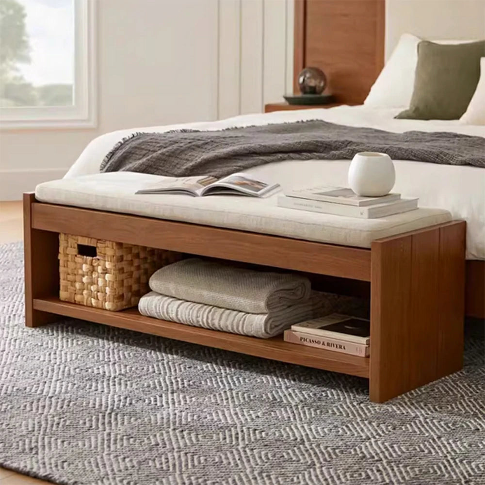 LIVARA 100/120cm Solid Wood Storage Bench - Cushioned Seat, Open Shelf Design, Durable Timber Frame, Versatile Entryway and Bedroom Seating