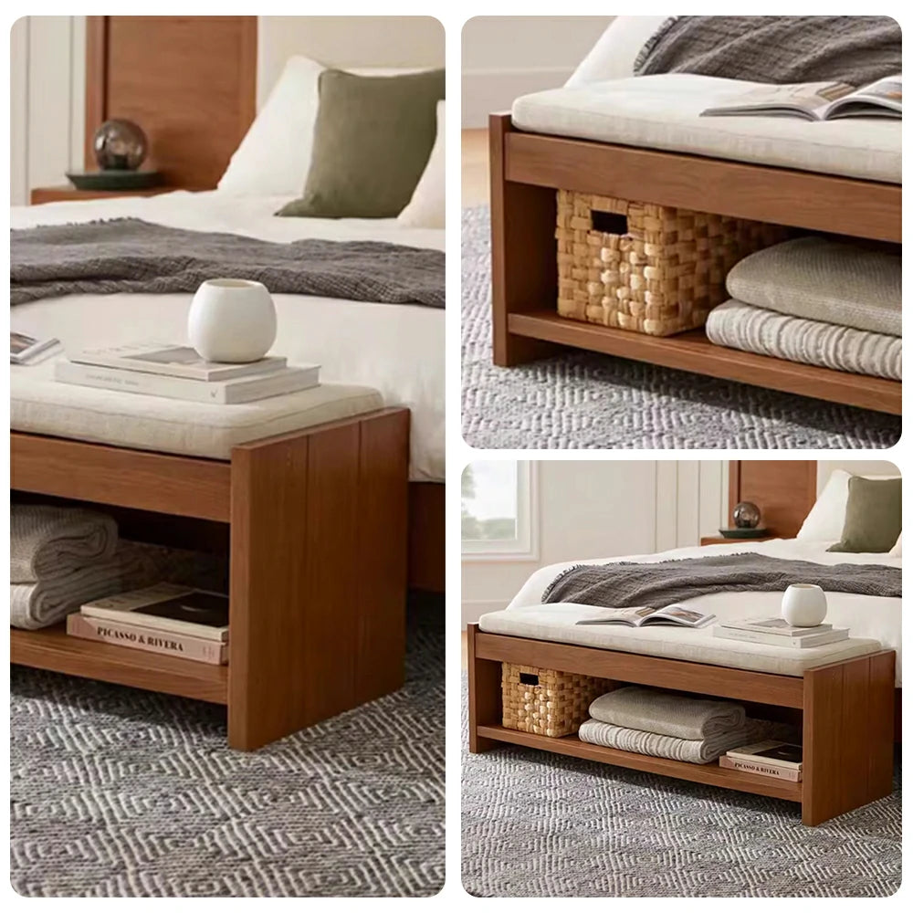 LIVARA 100/120cm Solid Wood Storage Bench - Cushioned Seat, Open Shelf Design, Durable Timber Frame, Versatile Entryway and Bedroom Seating