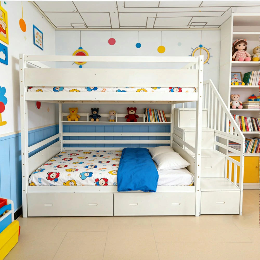 LIVARA Double Over Double Bunk Bed Frame, Solid Pine Timber Construction, Safety Guardrails, Large Storage Drawers & Shelves - White