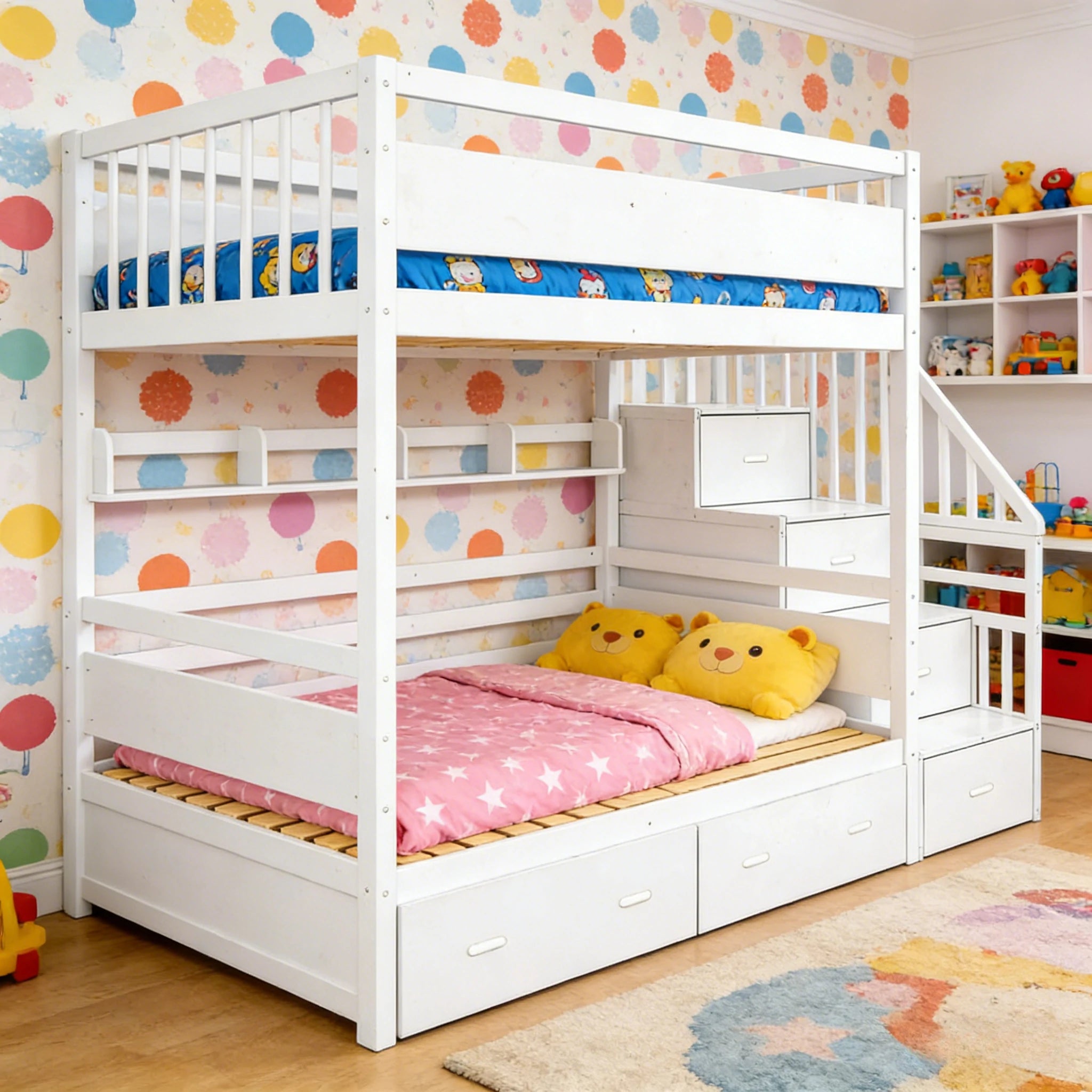 LIVARA Double Over Double Bunk Bed Frame, Solid Pine Timber Construction, Safety Guardrails, Large Storage Drawers & Shelves - White