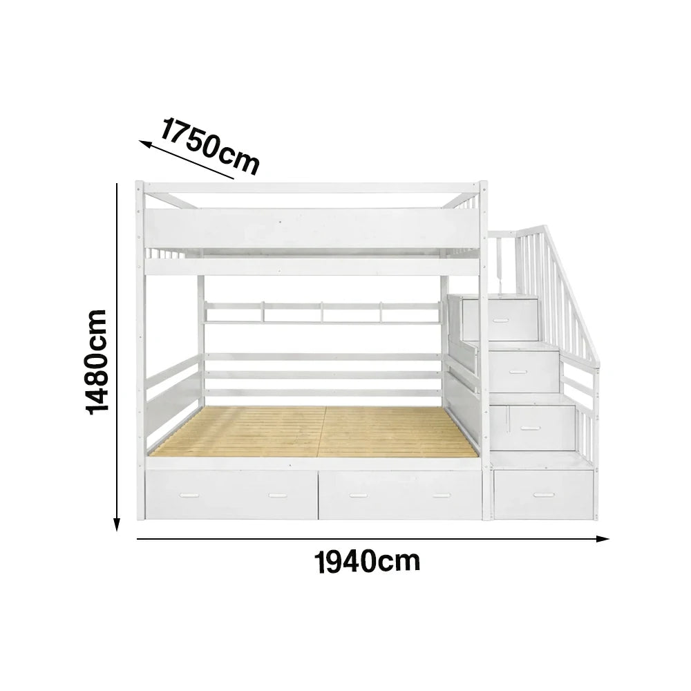 LIVARA Double Over Double Bunk Bed Frame, Solid Pine Timber Construction, Safety Guardrails, Large Storage Drawers & Shelves - White