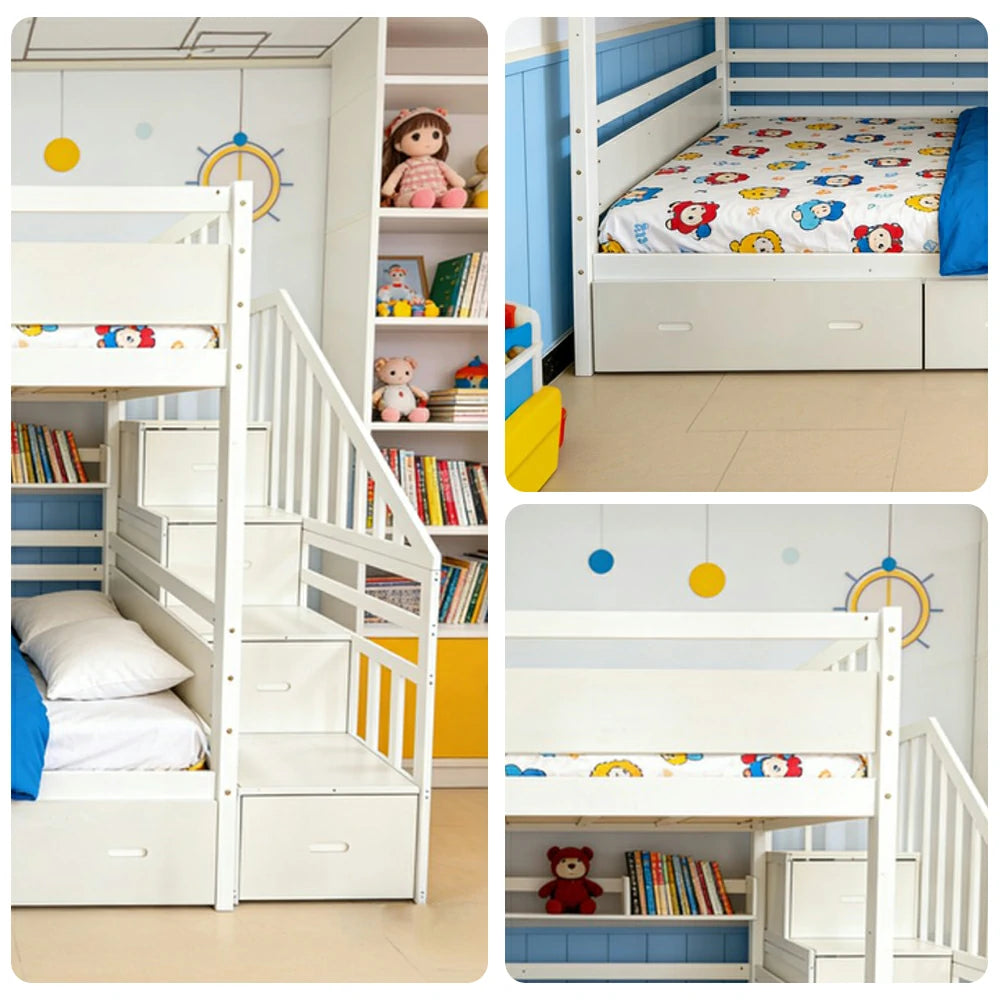 LIVARA Double Over Double Bunk Bed Frame, Solid Pine Timber Construction, Safety Guardrails, Large Storage Drawers & Shelves - White
