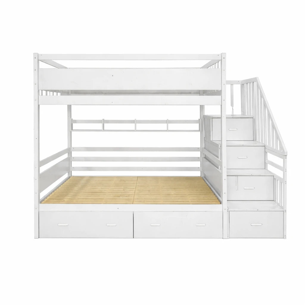 LIVARA Double Over Double Bunk Bed Frame, Solid Pine Timber Construction, Safety Guardrails, Large Storage Drawers & Shelves - White