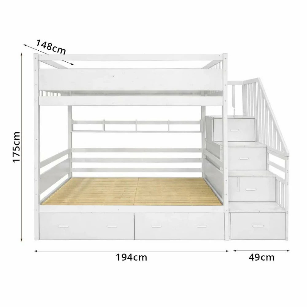LIVARA Double Over Double Bunk Bed Frame, Solid Pine Timber Construction, Safety Guardrails, Large Storage Drawers & Shelves - White