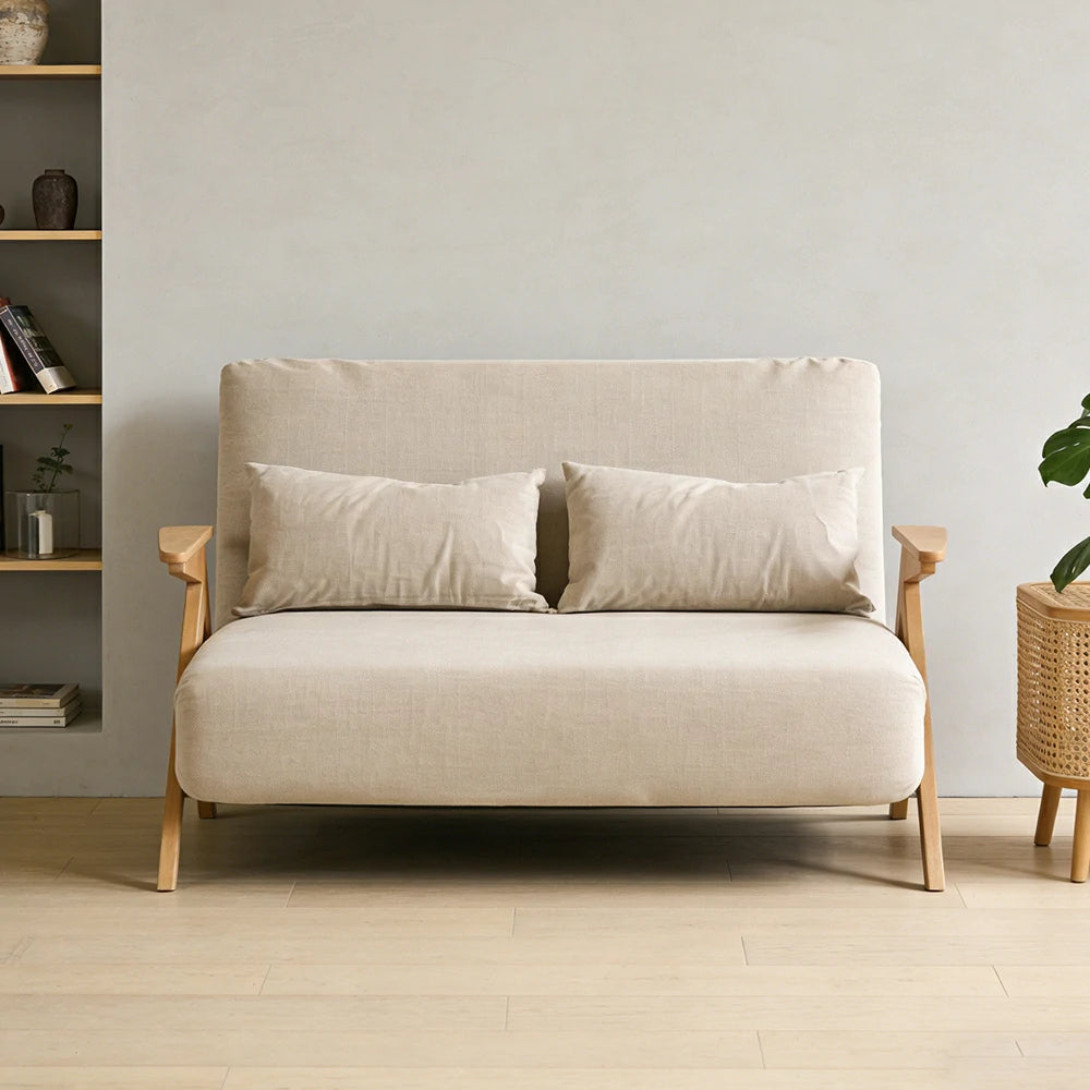 LIVARA 86/136cm Convertible Linen Sofa Bed, 3-in-1 Folding Design, Adjustable Backrest, Solid Wood Armrests, Single/Double Sleeper for Small Spaces - Beige