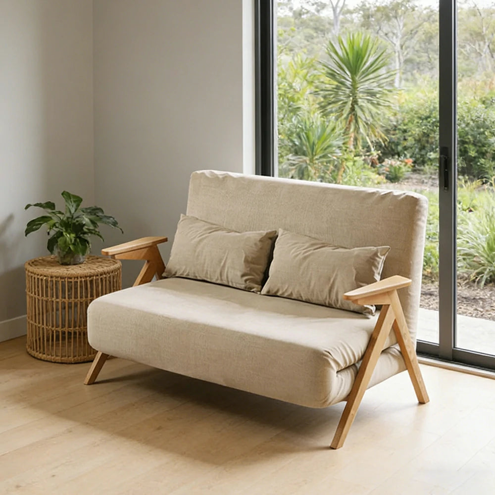 LIVARA 86/136cm Convertible Linen Sofa Bed, 3-in-1 Folding Design, Adjustable Backrest, Solid Wood Armrests, Single/Double Sleeper for Small Spaces - Beige