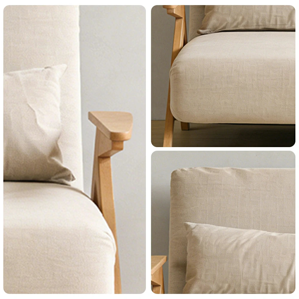 LIVARA 86/136cm Convertible Linen Sofa Bed, 3-in-1 Folding Design, Adjustable Backrest, Solid Wood Armrests, Single/Double Sleeper for Small Spaces - Beige