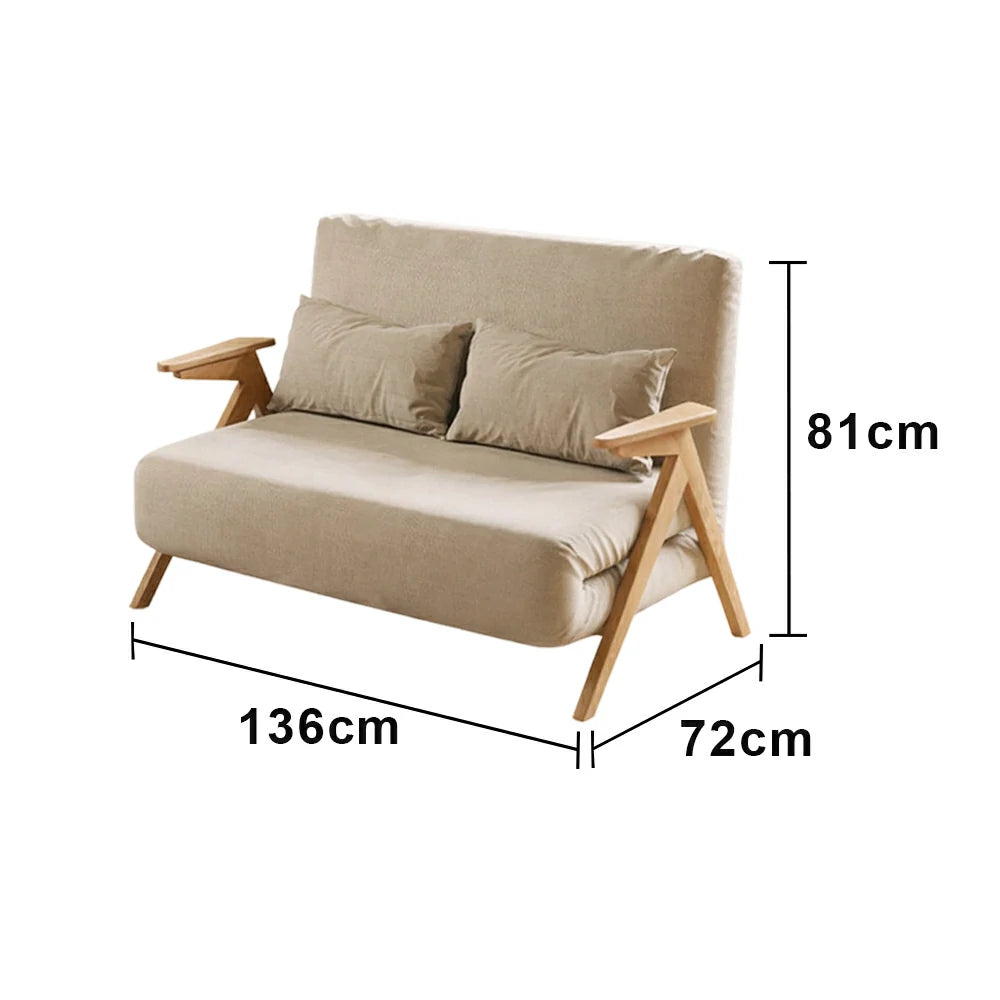 LIVARA 86/136cm Convertible Linen Sofa Bed, 3-in-1 Folding Design, Adjustable Backrest, Solid Wood Armrests, Single/Double Sleeper for Small Spaces - Beige