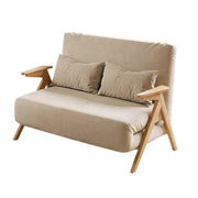 LIVARA 86/136cm Convertible Linen Sofa Bed, 3-in-1 Folding Design, Adjustable Backrest, Solid Wood Armrests, Single/Double Sleeper for Small Spaces - Beige