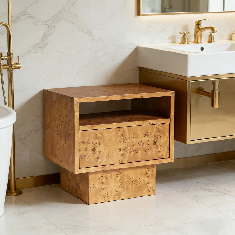 LIVARA Burl Wood Bedside Table - Open Shelf and Drawer Storage, 66cm Nightstand for Bedroom - Burl Wood