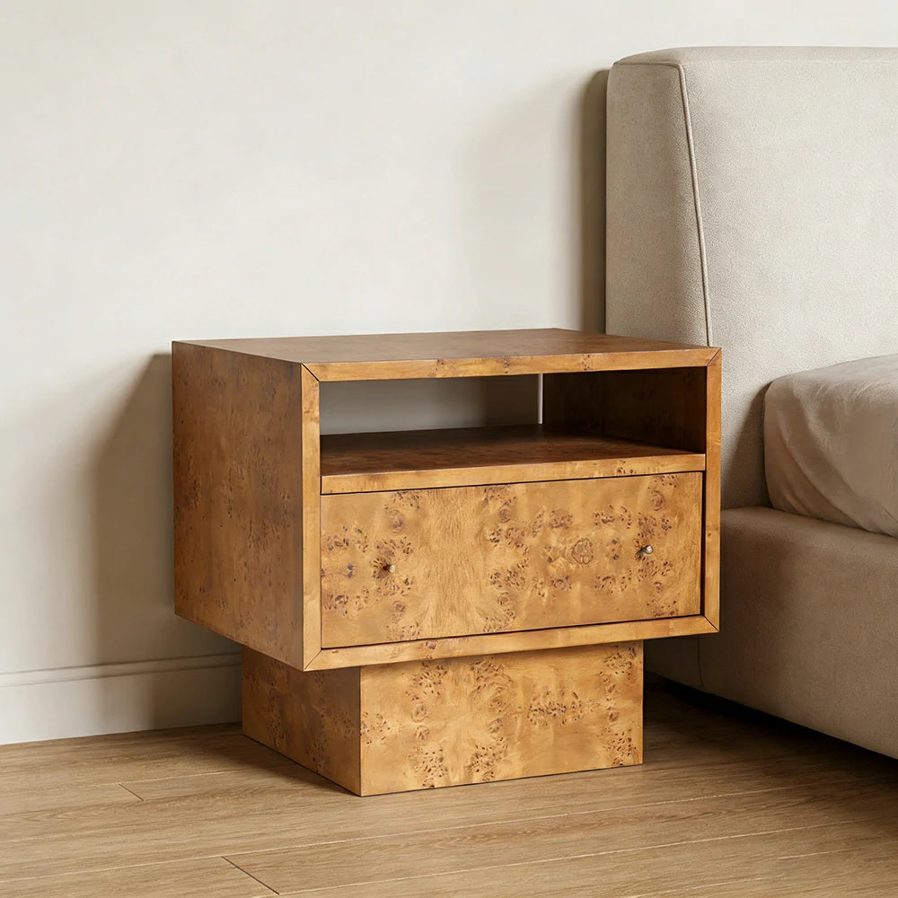 LIVARA Burl Wood Bedside Table - Open Shelf and Drawer Storage, 66cm Nightstand for Bedroom - Burl Wood