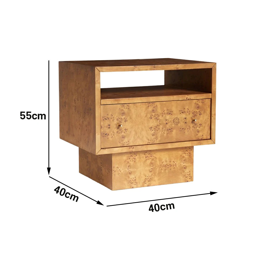 LIVARA Burl Wood Bedside Table - Open Shelf and Drawer Storage, 66cm Nightstand for Bedroom - Burl Wood