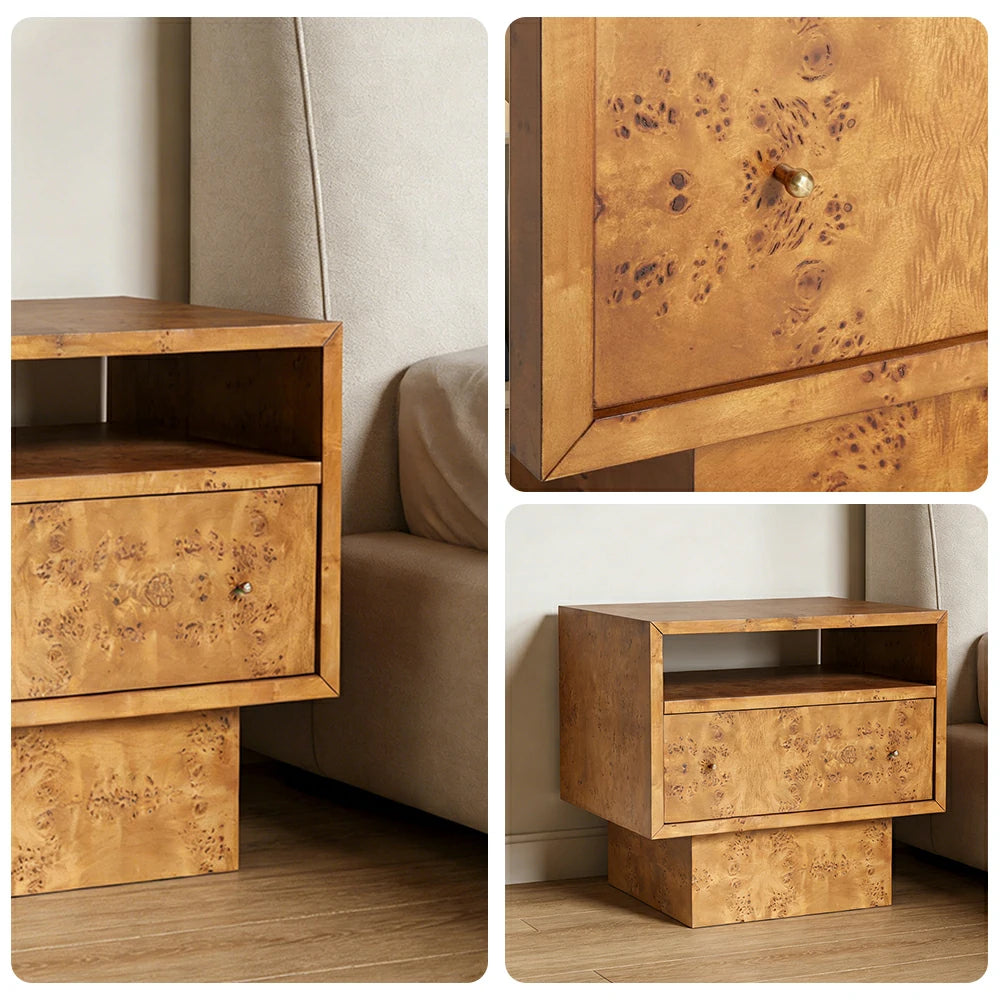 LIVARA Burl Wood Bedside Table - Open Shelf and Drawer Storage, 66cm Nightstand for Bedroom - Burl Wood