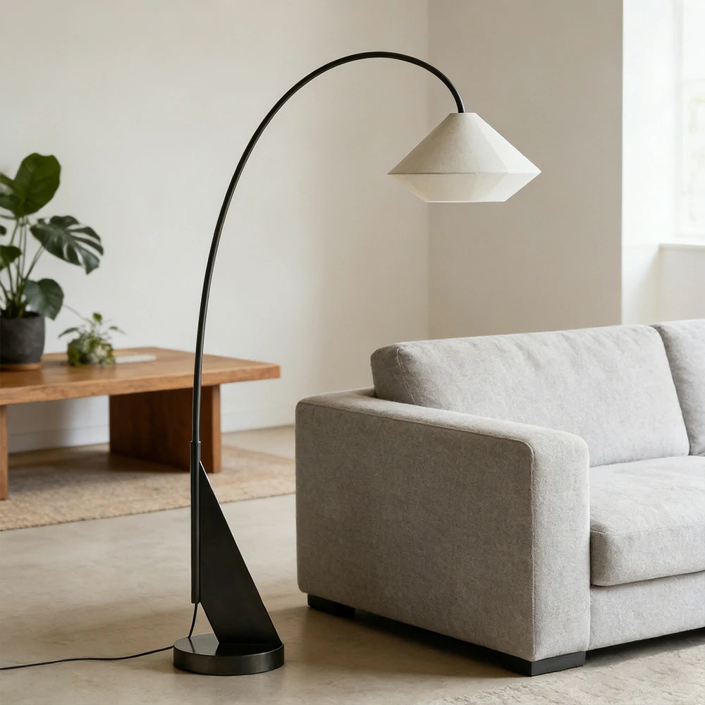 LIVARA Floor Lamp Soft Diffused Lighting Metal Frame Fabric Shade Curved Design with Geometric Base