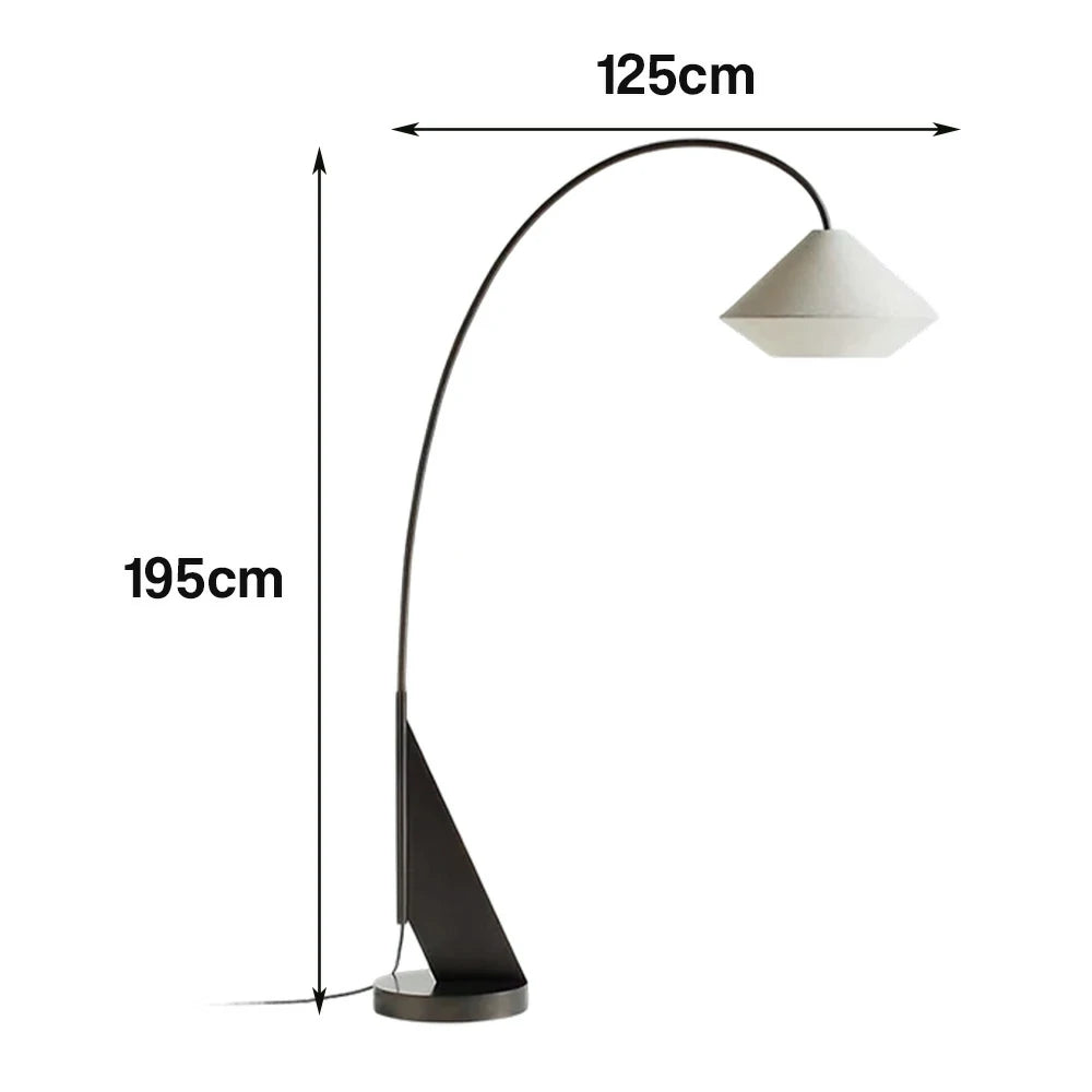 LIVARA Floor Lamp Soft Diffused Lighting Metal Frame Fabric Shade Curved Design with Geometric Base