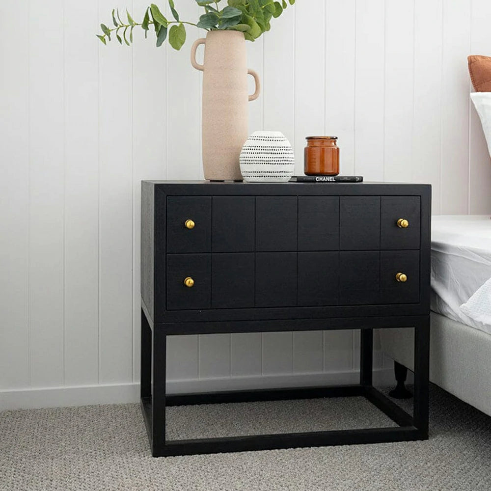 LIVARA Bedside Table - Oak Veneer Finish, Solid Oak Legs, 40cm Nightstand for Bedroom Storage - Black