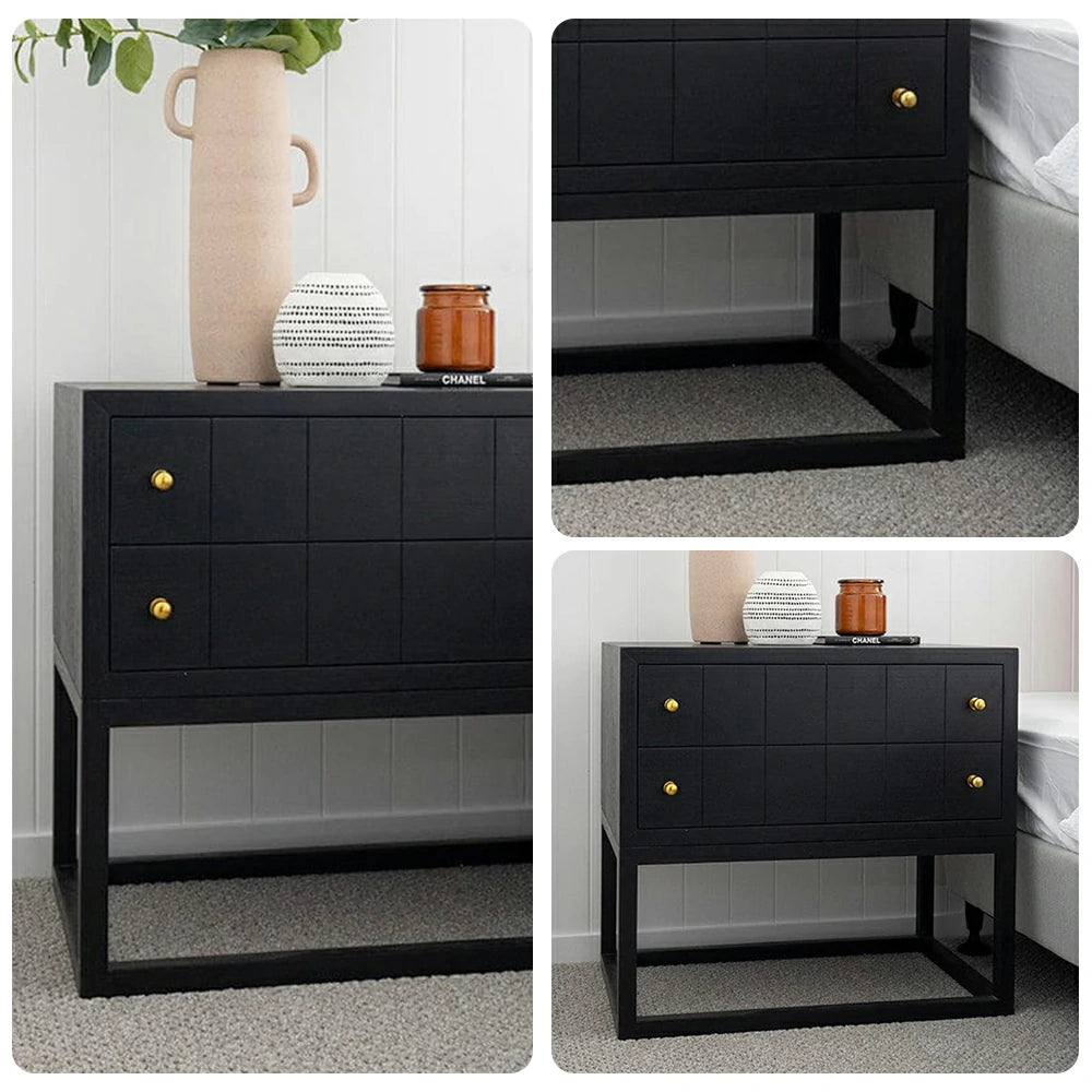 LIVARA Bedside Table - Oak Veneer Finish, Solid Oak Legs, 40cm Nightstand for Bedroom Storage - Black