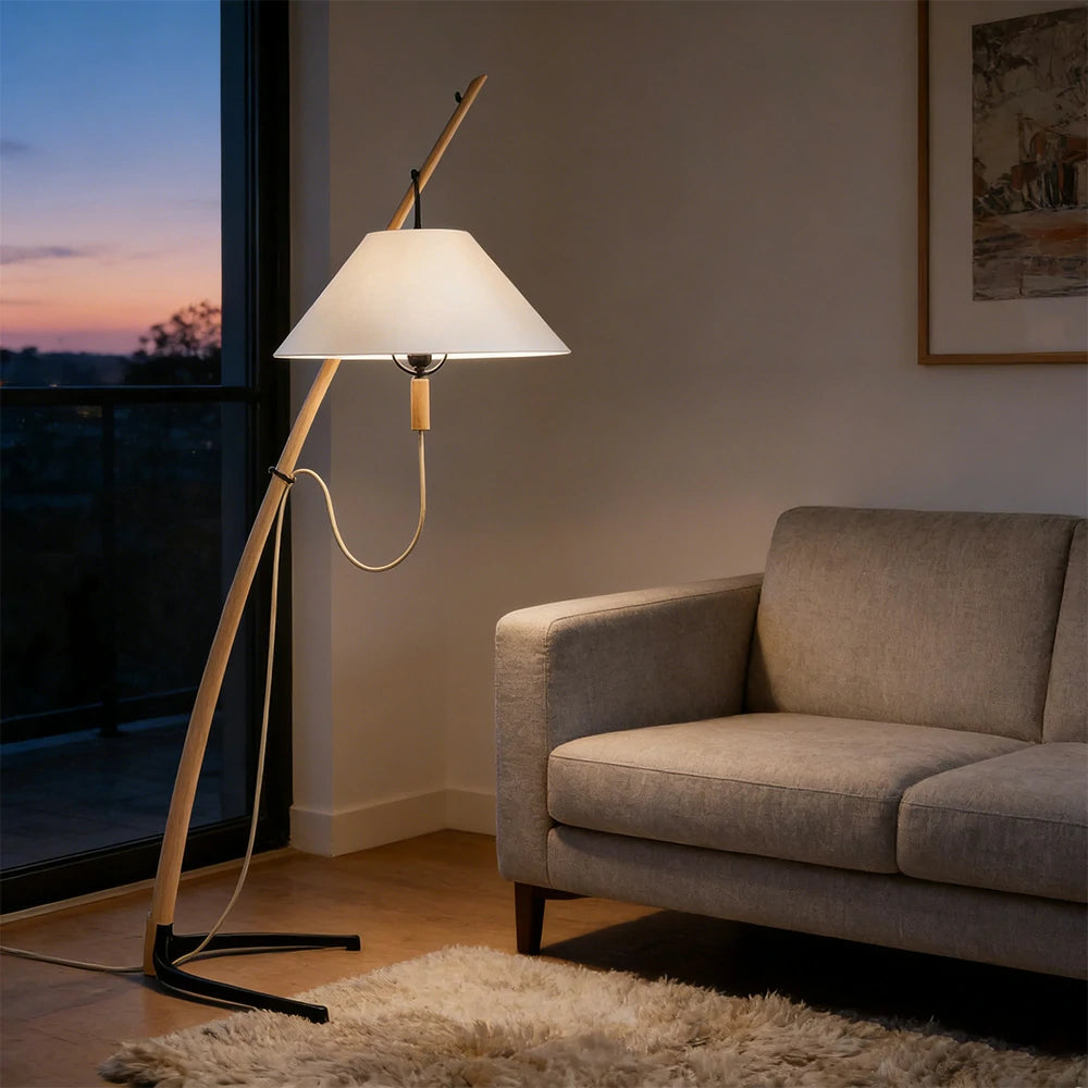 LIVARA Floor Lamp Soft Ambient Lighting Linen Shade Metal & Ash Wood Base Sculptural Tree-Inspired Design - Wood